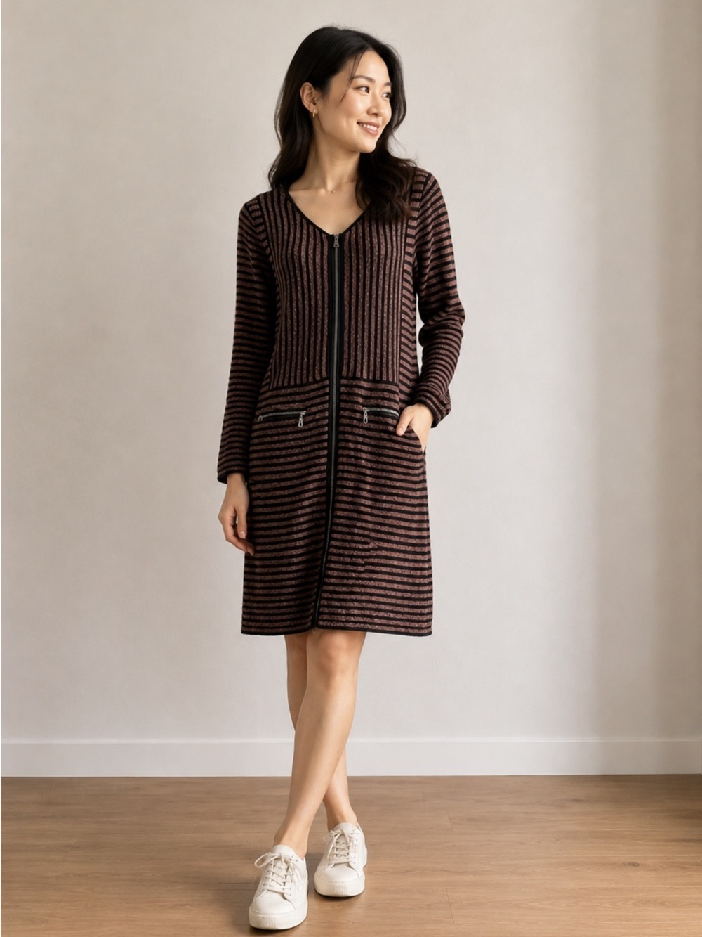 NIC+ZOE Black and Brown Striped Long Sleeve zippered Dress